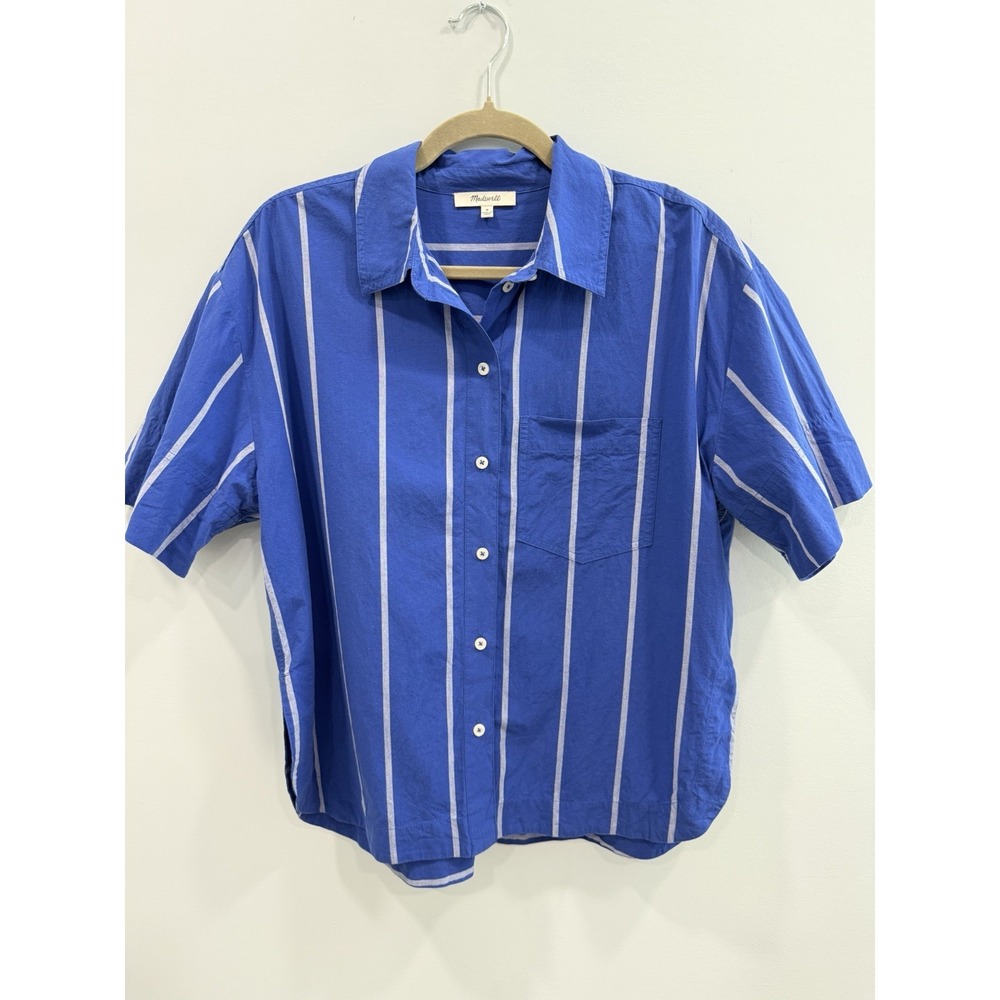 Madewell Blue Striped 100% Cotton Button Front Short Sleeve Shirt Jacket Medium